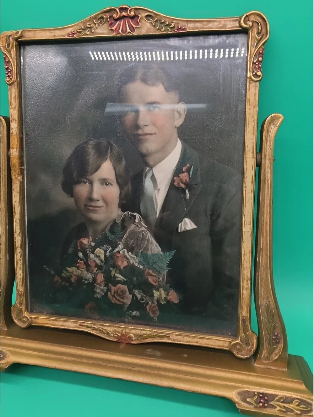 Antique 1930s Art Deco Victorian Style Ornate Wood Picture Frame Hand Colored